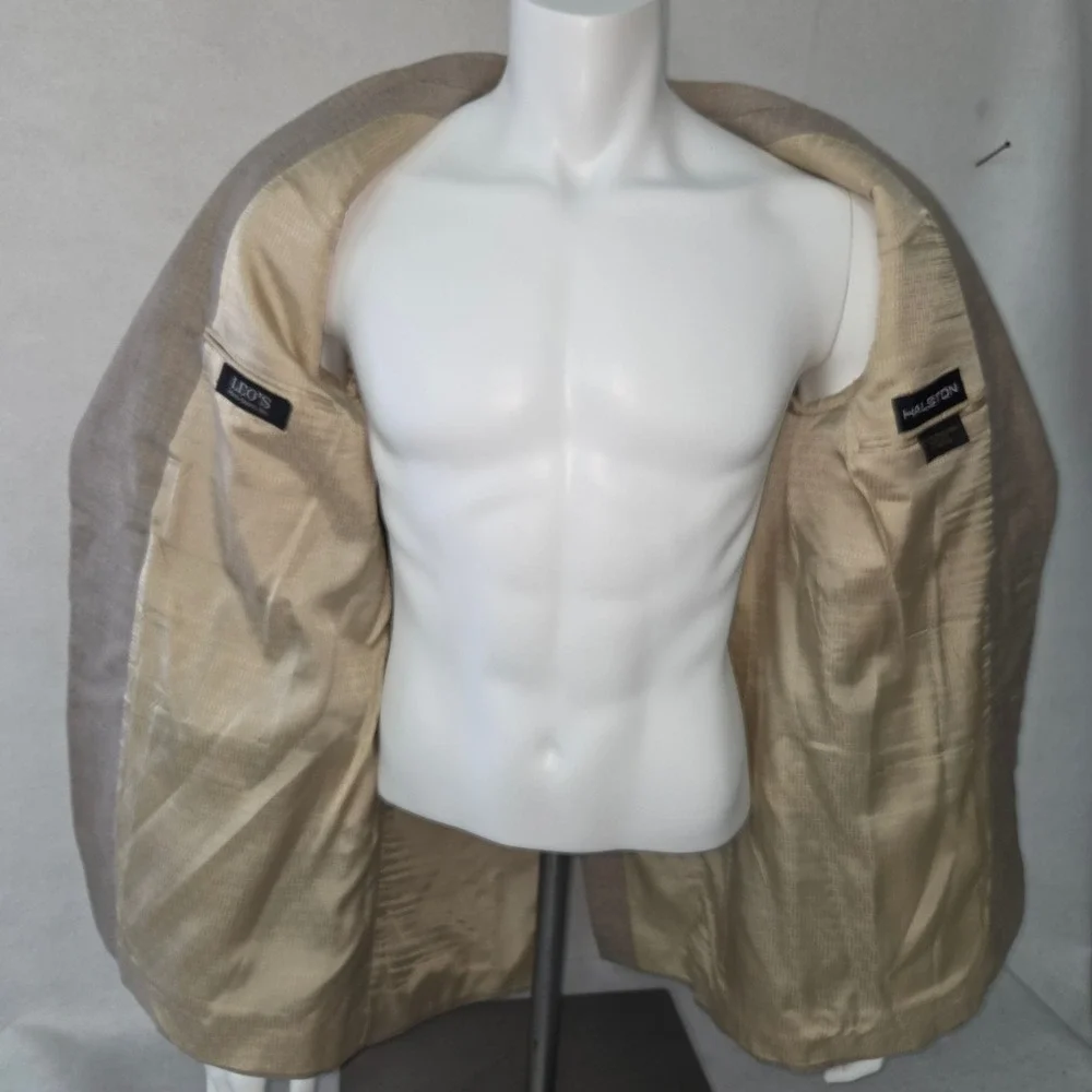 Halston‎ Blazer Men Size 40L Tan Vintage Gold Button Patch Pocket Sport Coat